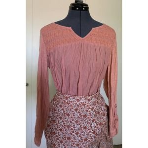 GLORIA VANDERBILT Womens Blouse 3/4 Long Sleeve w Roll Tabs Smocked Coral Size M